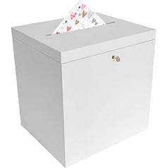 Creative Deco White Wooden Box with Lid Card Box Wedding | 29 x 25 x 30 cm | Money Gifts Wooden Box with Slot, Lock and Key Gift Cards Box Money Box Letter Box Storage Donation Box