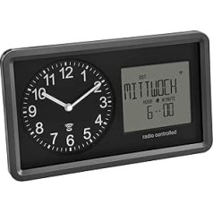 TFA Dostmann Analogue Radio-Controlled Clock with Calendar. 60.3552.01, Senior Clock, Alarm Alarm & Snooze Function, Digital Display of Day of the Week and Date, Analogue Table Clock, Low Backlight,