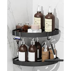 KeZaara Shower Shelf No Drilling Black Corner Shower Shelf Rust Protection Shower Shelf and Shampoo Holder for Shower with 4 Hooks Easy Assembly Pack of 2 Black