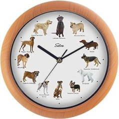 SELVA Animal Clock, Wall Clock, with Animal Sounds at Every Hour and Colourful Illustrations, Plastic Case, Wood Look, Colour: Dogs