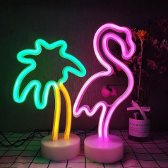 ENUOLI LED Flamingo and Coconut Palm Tree Neon Lights 2 Packs Decoration Neon Sign Table Decor Lights USB/Battery Operated Neon Lights for Bedroom Home Wedding Birthday Holiday Bar Par