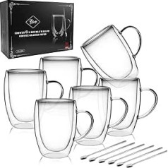 Libwys Double-Walled Coffee Glasses, 6x 350 ml with Spoon, Cappuccino, Latte Macchiato Drinking Glasses, Thermal Tea Cups with Handle, Heat-Resistant Coffee Cups