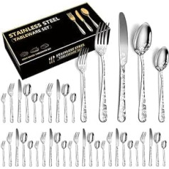 XIAOYU 40 Piece Cutlery Set Stainless Steel Cutlery Set Service for 8 People Unique Pattern Design Includes Dinner Knife/Forks/Spoons, Mirror Polished Cutlery Set, Silver