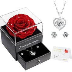 Eternal Real Rose with Chip Necklace Stud Earrings Gift Box for Women, Handmade Preserved Rose Birthday Anniversary Wedding Valentine's Day Gift Box for Mum Girlfriend (Crystal Red)