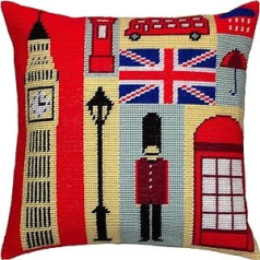 London Souvenirs. Needlepoint Set. Throw Pillows, 16 x 16 Inch. Printed Canvas, European Quality