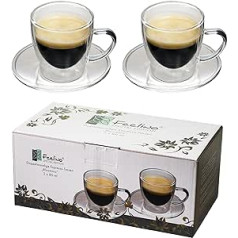 Feelino Espresso Cup Glass Double-Walled, Espresso Glasses Set of 2, Glass Espresso Cups with Saucer, 80 ml Double-Walled Glasses, Espresso Cups Transparent, Dishwasher Safe Coffee Glasses