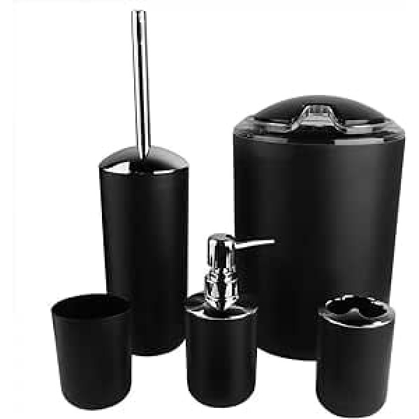 AYNEFY Plastic Bathroom Accessory Set, 6-Piece Bathroom Accessories, Plastic Bathroom Set, Soap Dispenser, Toothbrush Cup, Toilet Brush and Other Toilet Sets for Home and Hotel (Black)