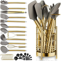 Gold Kitchen Utensils Set, Berglander 38-Piece Non-Stick Silicone Cookware Set, Spoon Spatula Set with Sturdy Stainless Steel Utensil Holder, Dishwasher Safe