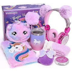 Unicorn Gifts for Girls 6 7 8 9 10 Years Wired Headphones Kids Notebook Plush Wallet Socks Water Cup Quicksand Mirror Toy Children's Birthday Party