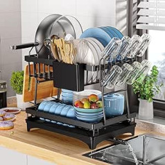 Pkbd 2-Tier Large Dish Drainer Stainless Steel Dish Drying Rack with Chopping Board Holder, Drink Holder, Black