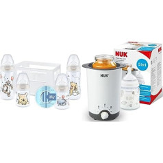 NUK First Choice+ Baby Bottle Starter Set | 0-6 Months | 4 Bottles with Temperature Control Display & Bottle Box | Anti-Colic Valve | 5 Pieces & Thermo 3 in 1 Bottle Warmer