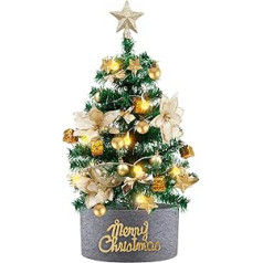 Winthai Christmas Tree 60 cm Artificial Small Mini Christmas Tree with LED Lighting, Golden Flower, Tree Apron, Pine Cones, Star, etc. Table Christmas Tree Christmas Decoration for Office