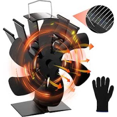 Wukong Stove Fan with Thermometer, Fireplace Fan with 6 Blades, Fan for Wood Stove, Workshop Stove, Pellet Stove, without Electricity, with Heat Insulation Gloves