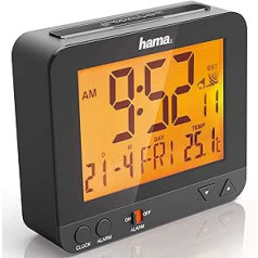 Hama Radio-Controlled Alarm Clock RC550 (Sensor-controlled Night Light, Snooze, Temperature and Date Display) – Black, 9,5 cm