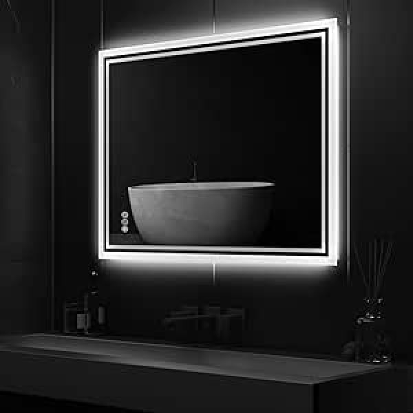 LUVODI LED Bathroom Mirror with Backlight: 90 x 70 cm, Smart Bathroom Mirror with Touch Light Switch, Anti-Fog, Dimmable, 3500K-6500K, Vertical Horizontal Wall Mirror