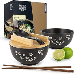 Moritz & Moritz 2 x Ramen Ceramic Bowls, 600 ml, 15 cm Diameter, Black Ramen Bowl Set for 2 People, for Soup, Pho and Sushi Bowl, Includes Sticks, Lid and Spoon