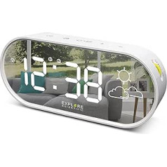 Explore Scientific RDC2002W Mirror Display, Time and Indoor Temperature, Symbol Weather Forecast, Dual Alarm Clock, 3 Brightness Levels, Soft Touch Control, USB Port, White