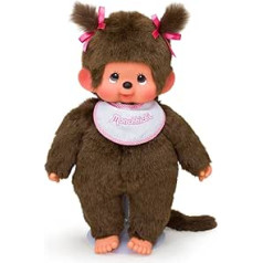 Sekiguchi 255530 - Original Monchhichi Mädchen, Plüschfigur mit weiß-pinkem Latz und Zöpfen mit Schleifen, ca. 45 cm großes Kuscheltier aus braunem Plüsch