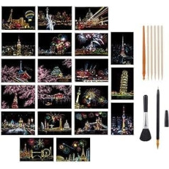 Tao Pipe, Pack of 20 Scratch Art Paper DIY Night Vision Scratchboard Rainbow Painting Art Craft Scratch World Famous City Landmarks DIY Art Set with Tool Kit