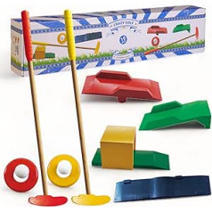 MIJOMA 10 Piece Wooden Mini Golf Set, Perfect for Garden and Outdoor, Kids and Adults.Complete Set with 2 Clubs, 4 Obstacles, 2 Target Rings and 2 Golf Balls