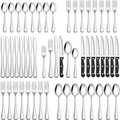 Cutlery Set for 8 People, 48 Pieces Cutlery Set Food Grade Camping Cutlery Stainless Steel Fork Knife Spoon Cutlery Kitchen Cutlery Mirror Shine Dishwasher Safe (Silver)