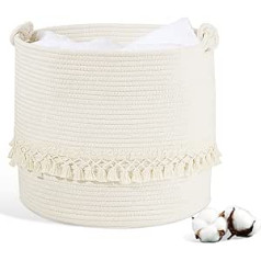 HDRNT Woven Cotton Laundry Basket, 38 L Laundry Hamper with Handle, Deposit Bottle Storage, Storage Basket Laundry Baskets for Toys, Laundry Organiser for Bathroom (35 x 40 cm) (White)