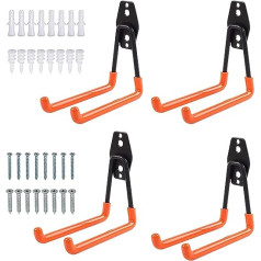 Garage Hooks, Garage Storage Wall Hooks, High Performance Hooks, Tool Holder for Organising Power Tools, Bulk Goods, Bicycles, Ladders (Orange, Pack of 4)