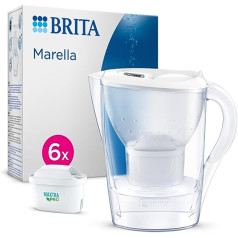 BRITA Marella Water Filter Jug White (2.4L) Including 6x Maxtra Pro All-in-1 Cartridge (Half Year Package) - Filter for Reducing Limescale, Chlorine, Lead, Copper & Taste-Disturbing Substances in the Water