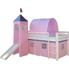 Homestyle4u 1496 Children's Bunk Bed with Slide, Ladder, Tower, Tunnel, Pink Curtain, Solid White Wood, 90 x 200 cm