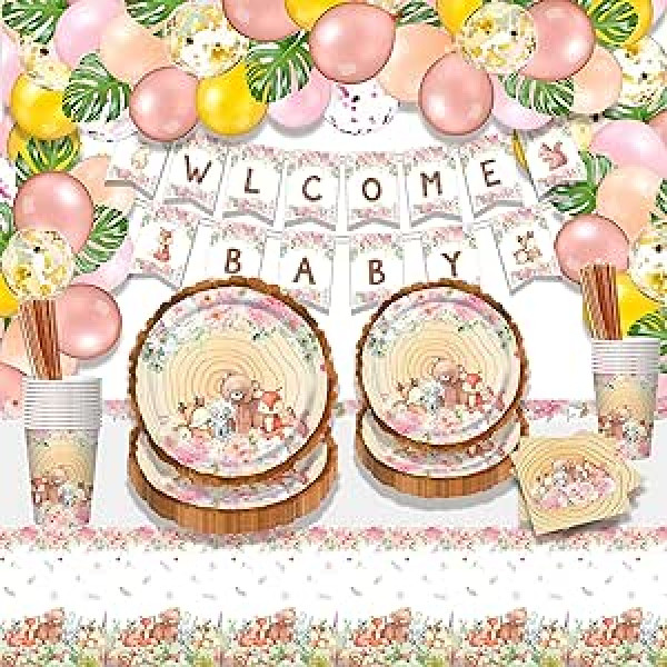 Forest Animals Baby Shower Decoration Party Tableware Set 24 Guests 215 Pieces Rose Gold Paper Plates Cups Napkins and Balloons Banner Tablecloth Decoration Jungle Safari Baby Shower Party Decoration