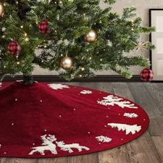 LATERN 3D Knitted Christmas Tree Skirt, 122 cm Large Christmas Tree Skirt, 100% Handmade Wool String Knitted Mat, 3D Snowflake Elk Tree Base Cover for Home Party Decoration (Red)