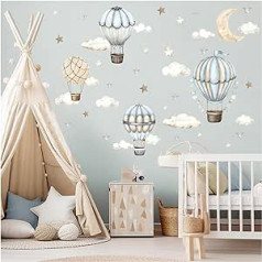 DEKO KINDERZIMMER Wall Sticker Hot Air Balloon Wall Sticker Watercolour Clouds Moon Wall Sticker for Baby Room Boho Boys Bedroom Wall Decoration DK1136-04