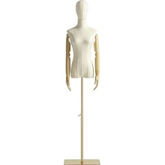 Female Mannequin Dress Shape Torso Display Mannequin Body with Removable Head, Wooden Hands and Gold Adjustable 55 - 80 Inch Height Standing, for Dress Jewellery Display, Beige