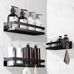 Cinnani Shower Shelf No Drilling Black Pack of 3 Shower Shelves Stainless Steel with 6 Hooks, Shower Shelf No Drilling, Self-Adhesive Bathroom Shelf, Shampoo Holder for Shower, Shower Basket for