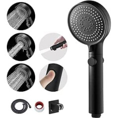 MIAOHUI Shower Head Pressure Increasing, Shower Hose with Shower Head, High Pressure Shower Head with Water Stop, 3 Jet Types Shower Head with Hose (Shower Head + Hose + Holder, Black)