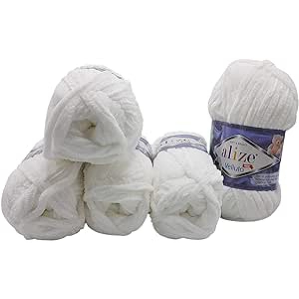 5 x 100 g Alize Velluto Knitting Wool, Baby Wool, 500 g, Wool, Super Soft Bulky (White 55)