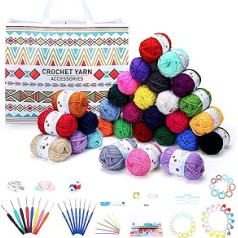 LEMESO 30 Colours Knitting Wool with Storage Bag for Wool 4 in 1 Set Hand Knitting Yarn Set Crochet Hooks Needle Set Cotton Yarn for Crochet