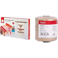 Rayher 7202200 Wooden Children's Weaving Frame, 18.5 x 29 cm, Web Width 16.5 cm & Rayher 7205303 Warp Yarn, Roll 220 m, No. 9, 0.8 mm Thick, 6-Thread, Beige, 100% Cotton, for Covering Loom Frames
