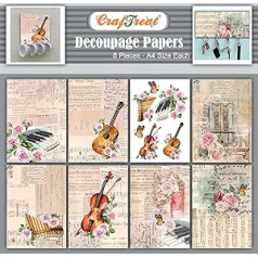 CrafTreat 8 Pieces Guitar Music Decoupage Paper Decoupage Paper Craft Decoupage Paper Flower Flower Floral for Furniture Glass Wood