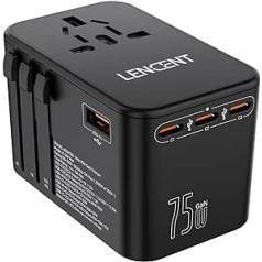 LENCENT 75W Universal Travel Adapter, GaN International Fast Charger with 3 PD3.0 Type C+2 QC USB A, Worldwide Adapter for Mobile Phones, Laptops, All in One Travel Adapter for EU/USA/UK/AU Sockets