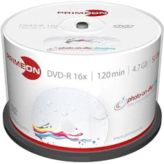 PRIMEON DVD-R 4.7GB/120Min/16x Cakebox, photo-on-disc ultragloss, Water resistant, Inkjet Full Size Printable Surface (50 Disc)