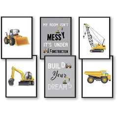 WIETRE® Set of 6 Pictures Construction Vehicles Digger Crane Children's Room Decoration Picture Boy Baby Room Poster DIN A4 Truck Construction Site Stacker Roller Car Vehicles Decoration (with Black