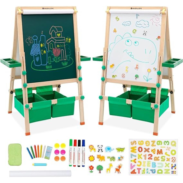 Kinder Spiel-Tafel aus Holz, Kinder Staffelei Doppelseitige Whiteboard und Tafel Höhenverstellbar, Faltbar, Kommt mit Papierrollennummern und Anderem Zubehör als Geschenk, Holzfarbe Insgesamt