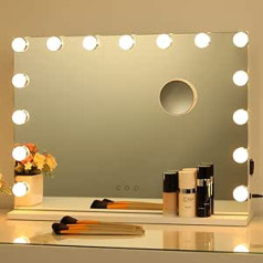 2-Fns Hollywood Mirror with Lighting, Large Makeup Mirror with 15 Dimmable Bulbs, Intelligent Touch Control Cosmetic Mirror, Illuminated Cosmetic Mirror for Bedroom, Dressing Room
