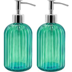Pack of 2 Glass Soap Dispenser with Pump, 400 ml Liquid Soap Dispenser for Washing Up Liquid, Shampoo and Lotion, Refillable Soap Dispenser for Kitchen, Bathroom, Laundry Room (Green)
