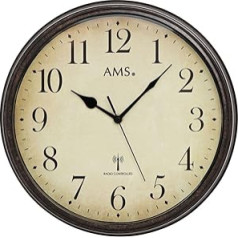 AMS 5962 Wall Clock Radio-Controlled Vintage Clock Style Metal Housing in Antique Wood Look Decorative Clock