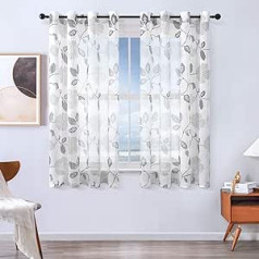 MRTREES Voile Curtains Semi-Transparent Flowers Embroidery Curtains Pattern with Eyelets Linen Look for Living Room Bedroom Children's Room Grey Set of 2