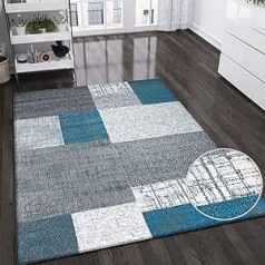 Vimoda Designer Modern Living Room Rug In Turquoise, Grey and White With Tile Look, Short Pile