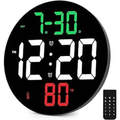 Digital Clock with Large Display, 9 Inch Large Digital Wall Clock with Large Screen, 4 Brightness Levels, Remote Control, Date, Indoor Temperature, 12/24H, Plug-in LED Alarm Clock for Bedroom, Office,