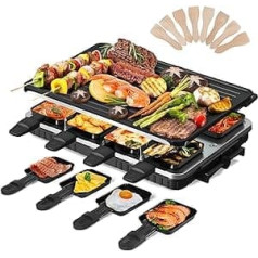 2-in-1 Raclette Grill 8 People Electric Table Grill Non-Stick Coated Reversible Grill Plate Electric Grill Smokeless Raclette with 8 Mini Raclette Pans & 8 Scrapers Dishwasher Safe 1300 W